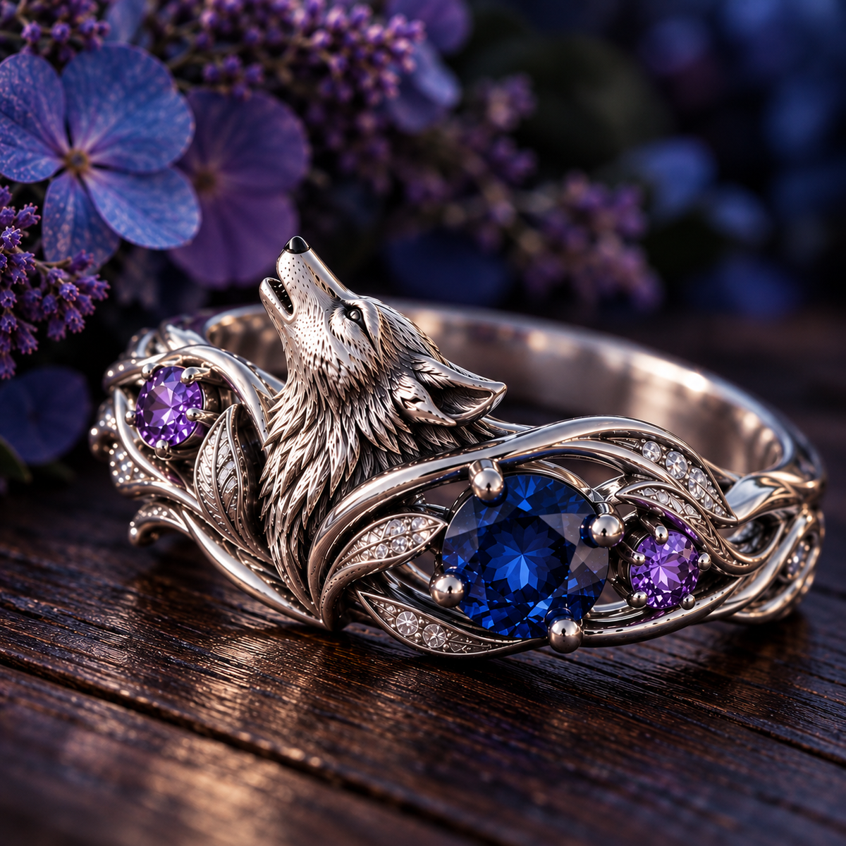 Wolf Silver Ring Amethyst